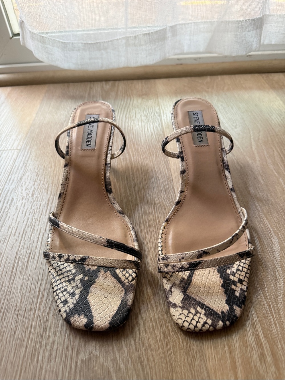 Steve Madden Snake-Print Strappy Slide in Beige and Black